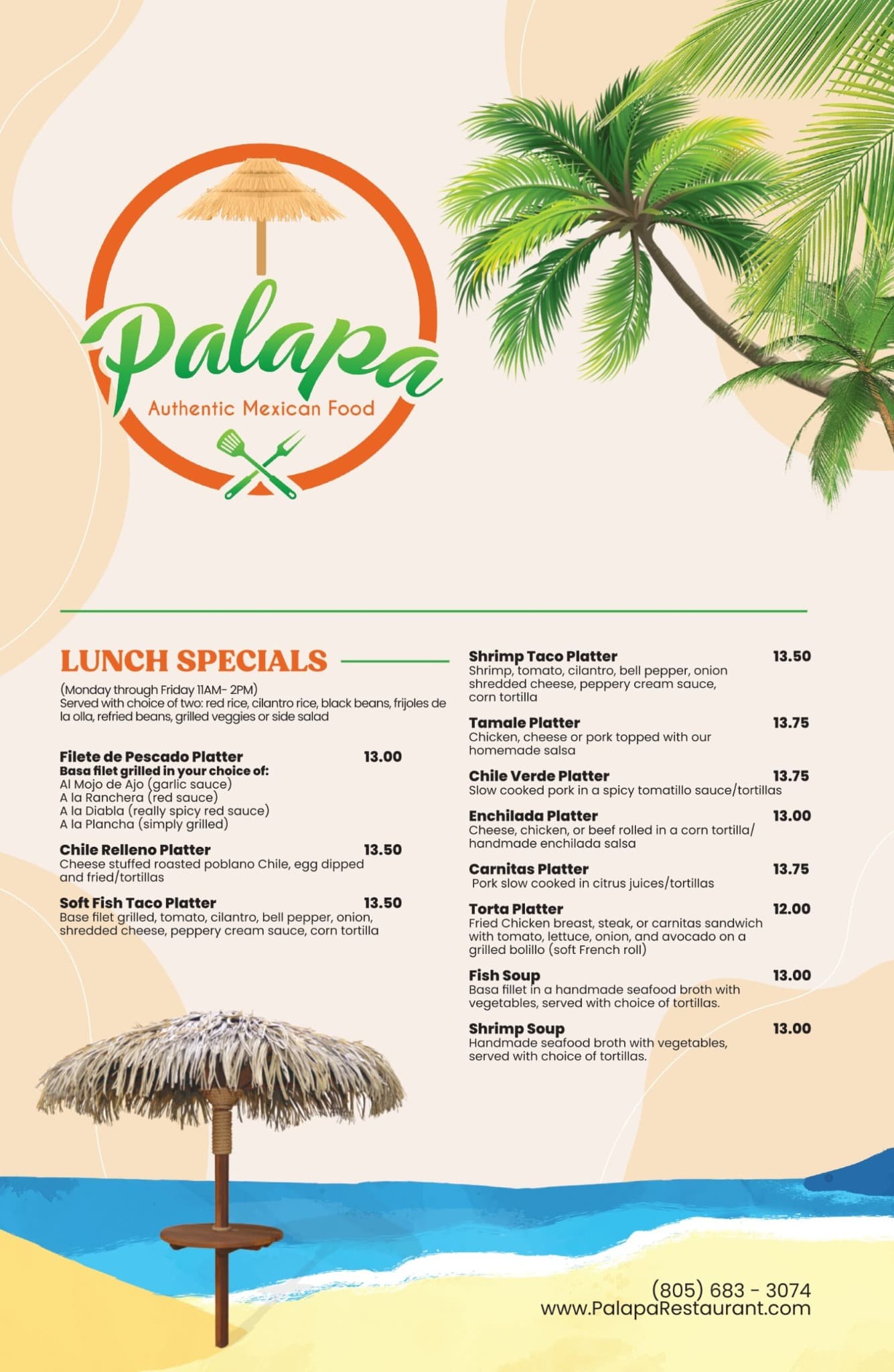 Palapa Restaurant Lunch Specials original menu card