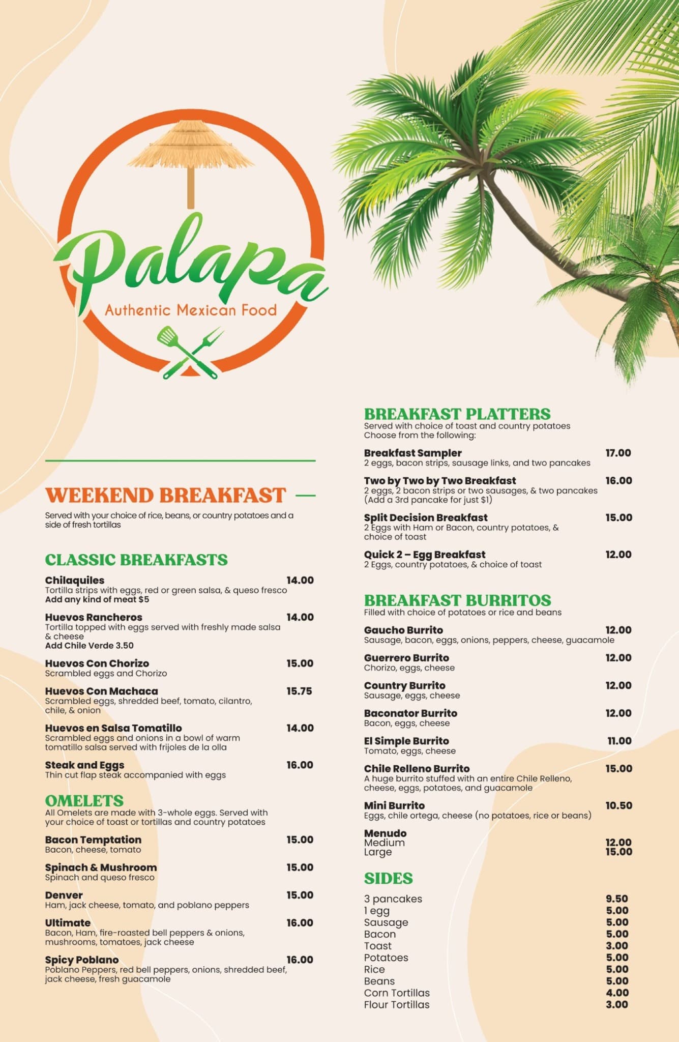 Palapa Restaurant Weekend Breakfast original menu card